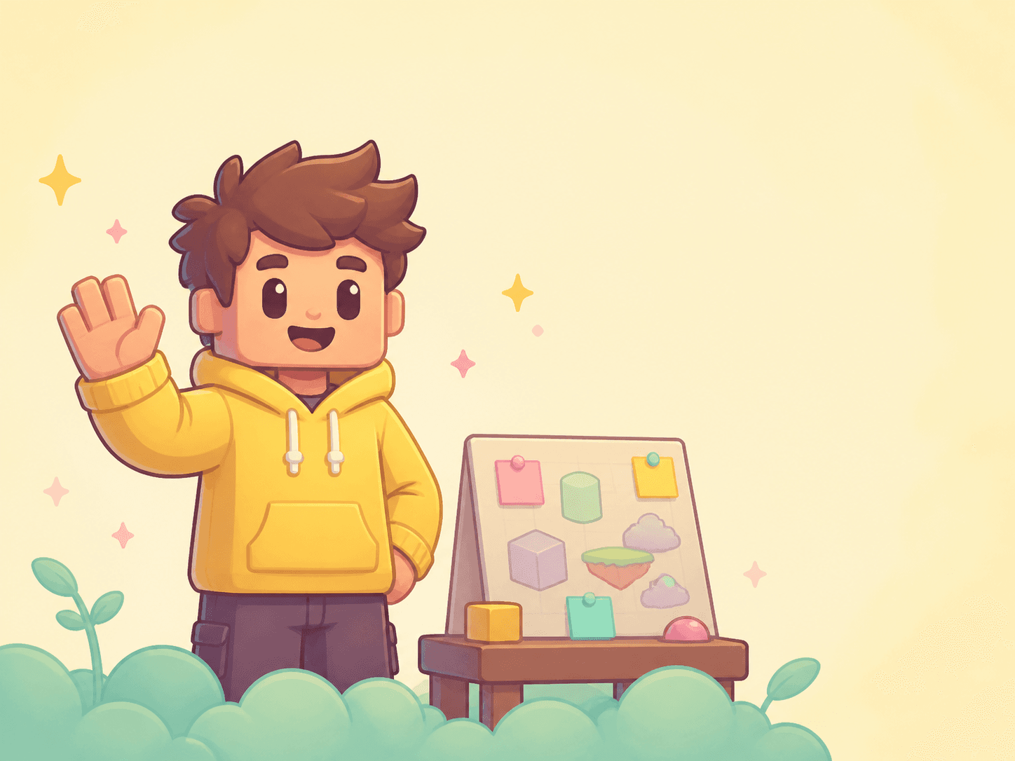 Illustration of a friendly Roblox game builder waving beside a concept board